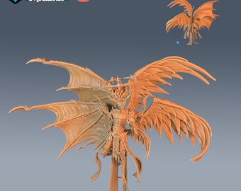 May include: A detailed, pre-supported 3D printed miniature of a winged angel with a crown and a large wingspan. The miniature is printed in a light orange color and is labeled "#2727" and "PRE-SUPPORTED".