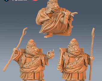 May include: Three 3D printed miniature figurines of a furry creature wearing a robe and a hat. The creature is holding a staff in one hand and a flame in the other. The figurines are pre-supported and ready to be printed. SIZE:MEDIUM