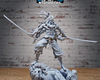 May include: A gray, detailed miniature figurine of a demon warrior standing on a defeated lion. The warrior is holding two swords and has a fierce expression. The base size is HUGE (76.5mm). #3740