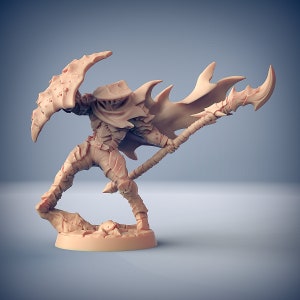 May include: A miniature figurine of a fantasy creature, wearing armor and a cloak, holding a weapon. The figurine is made of a light brown plastic and is posed in a dynamic action pose.