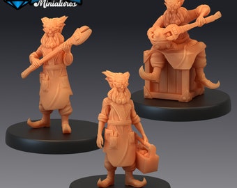 May include: Three 3D printed miniatures of a gnome-like creature wearing glasses and an apron. The gnome is holding a wrench, playing a musical instrument, and carrying a toolbox.
