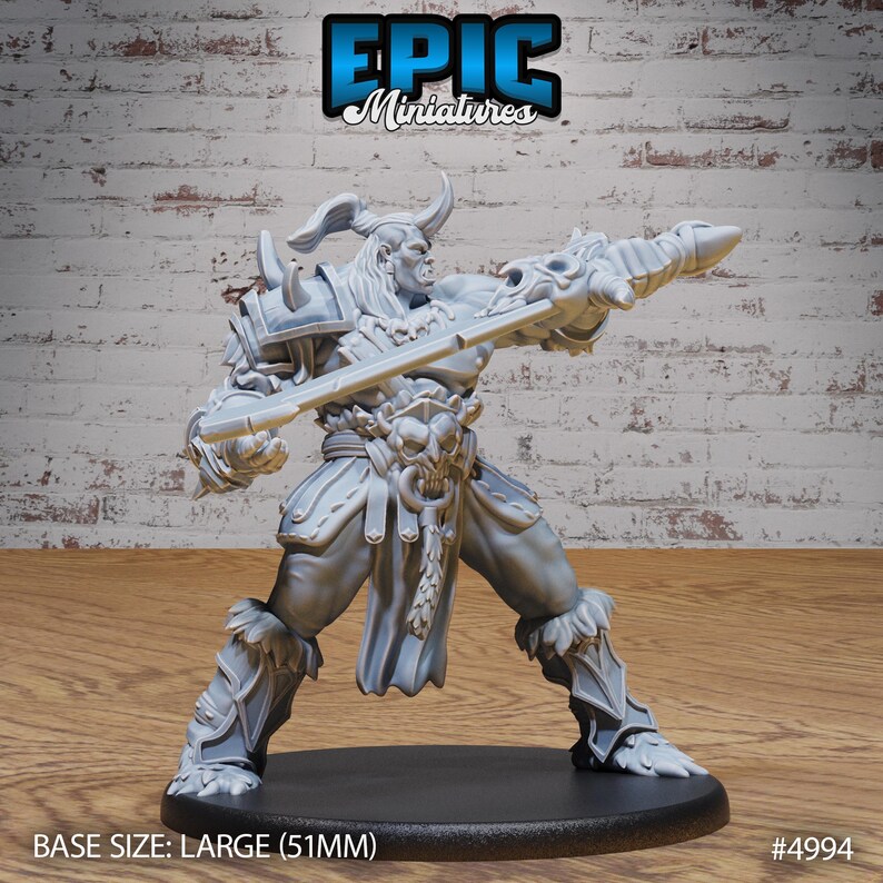May include: A gray plastic miniature of a large, horned warrior holding a large weapon. The miniature is standing on a round base. BASE SIZE: LARGE (51MM) #4994