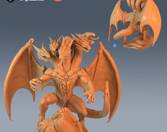 May include: A 3D printed model of a three-headed dragon with wings, standing on a rock. The dragon is orange and has a detailed, textured surface. The model is pre-supported and is labeled "#2200" and "SIZE: GARGANTUAN".