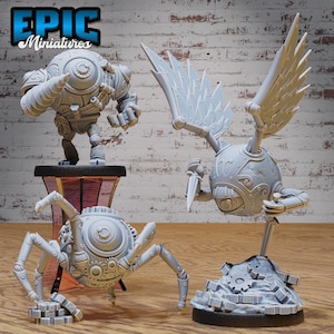May include: Three 3D printed, gray, steampunk-style robot miniatures. One robot is a sphere with wings, another is a sphere with legs, and the third is a sphere with a drill arm.