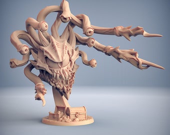 May include: A beige, multi-eyed, monster figurine with a toothy mouth and multiple tentacles. The figurine is standing on a base with a treasure chest.