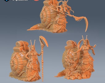 May include: A 3D printed miniature of a female figure riding a snail. The figure is wearing a flowing dress and holding a staff. The snail is carrying a bundle of scrolls on its back. The miniature is pre-supported and comes in a large size.