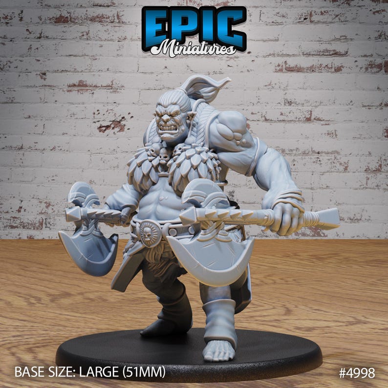 May include: A gray plastic miniature of an Orc warrior holding two axes. The Orc is wearing a fur loincloth and a necklace of skulls. The miniature is standing on a round base. BASE SIZE: LARGE (51MM) #4998