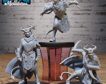 May include: Three gray miniature figures of a horned demon warrior in dynamic poses. Each figure wears armor, a mask, and a cape, and carries a curved blade. The figures are on black bases, with the text "EPIC Miniatures" in the upper left corner.