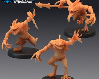 May include: Three miniature figurines of a creature with a reptilian appearance, with a toothy grin and webbed feet. The figures are painted in a light orange color and are posed in different action stances. The figures are standing on black circular bases.