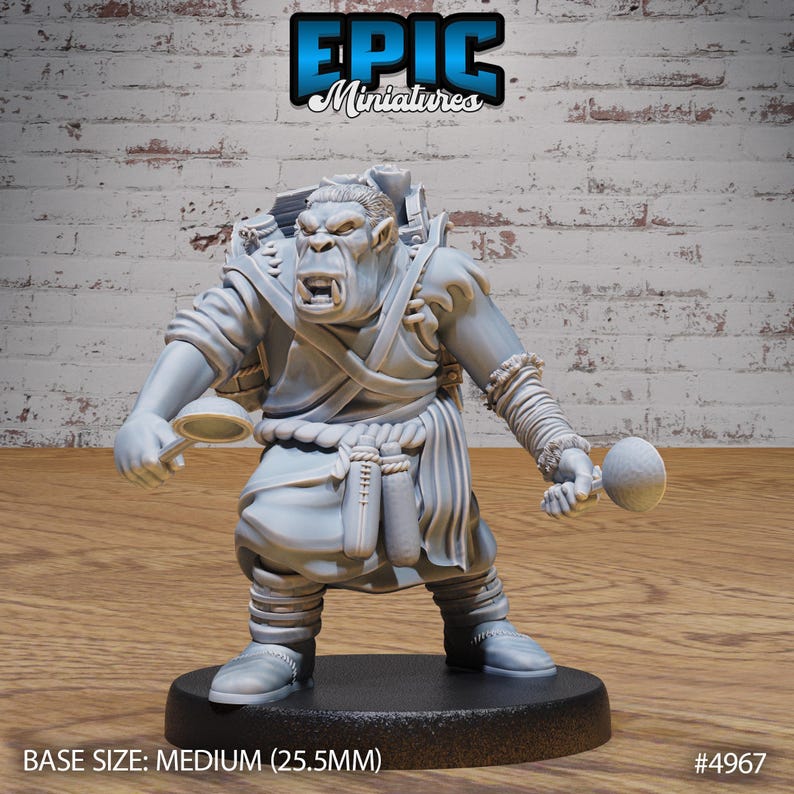 May include: A grey plastic miniature of an Orc wearing a robe and carrying a backpack, a bowl, and a ball. The miniature is standing on a black base. BASE SIZE: MEDIUM (25.5MM) #4967