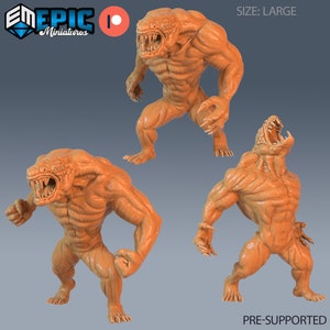 Puede incluir: Tres miniaturas impresas en 3D de una gran criatura naranja musculosa con una boca abierta y llena de dientes. La criatura tiene una apariencia reptiliana y está representada en tres posturas diferentes. El texto "SIZE: LARGE" y "PRE-SUPPORTED" es visible en la imagen.