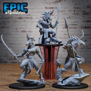May include: A collection of gray miniature fantasy figures. The figures include a goat-like humanoid warrior with a sword, a seated figure with a spear, and a kneeling figure with a spear. The figures are on black bases.