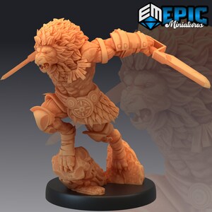 May include: A detailed miniature figurine of a lion-like humanoid warrior in a dynamic pose, holding two swords. The figure is in a light orange color, with intricate details on the mane, armor, and base. The figurine is on a black base.