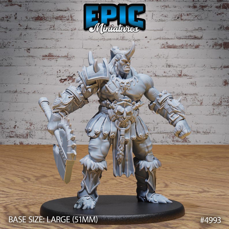 May include: A gray plastic miniature figure of a warrior with a horned helmet, holding a large axe. The figure is wearing armor and a kilt. The base size is large (51mm). #4993