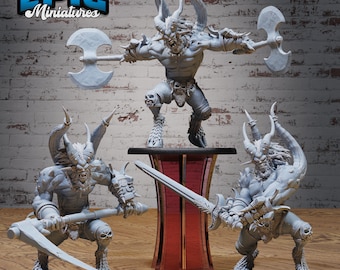 May include: Three gray painted miniature figurines of demonic creatures with horns, claws, and weapons. The figures are posed in a dynamic action stance. The figures are on a black base and a red and black pedestal.