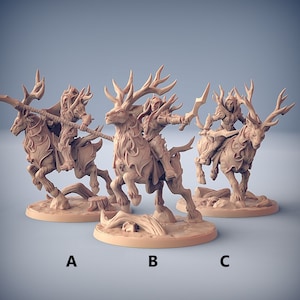 May include: Three miniature figurines of elves riding stag-like creatures. The elves are holding weapons and are dressed in armor. The stags are detailed with antlers and hooves. The figurines are painted in a light brown color.