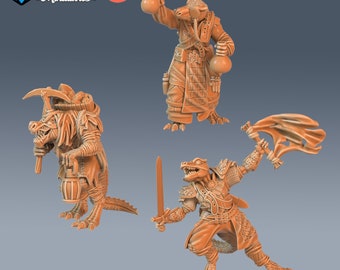 May include: Three 3D printed miniature figures of lizard-like creatures. The figures are in a light brown color and are posed in different actions. One figure is holding a pickaxe and a bucket, another is holding a sword and a flag, and the third is holding two flasks. The figures are pre-supported and are labeled "SIZE:MEDIUM" and "PRE-SUPPORTED".
