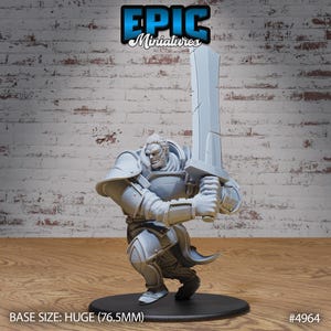 May include: A gray plastic miniature of a warrior in full armor, holding a large sword. The miniature is standing on a round base. BASE SIZE: HUGE (76.5MM) #4964