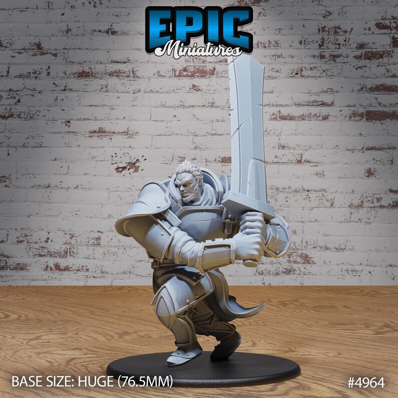 May include: A gray plastic miniature of a warrior in full armor, holding a large sword. The miniature is standing on a round base. BASE SIZE: HUGE (76.5MM) #4964