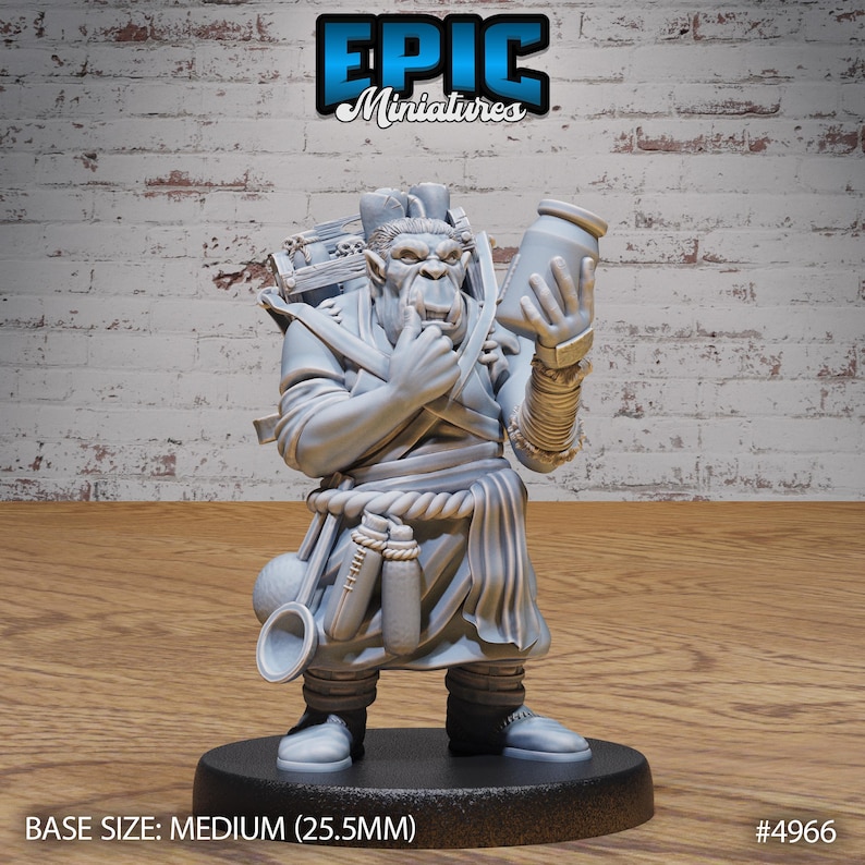 May include: A grey plastic miniature figurine of an Orc wearing a brown and grey outfit, holding a glass jar in one hand and a spoon in the other. The figurine is standing on a black base. The text "EPIC Miniatures" is visible in the top centre of the image. The text "BASE SIZE: MEDIUM (25.5MM)" is visible at the bottom left of the image. The text "#4966" is visible at the bottom right of the image.