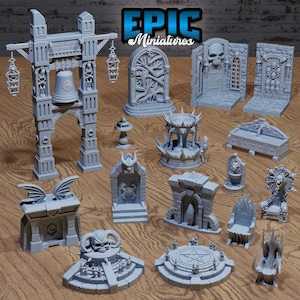 May include: A selection of grey miniature fantasy terrain pieces, including an archway with a bell, a skull-adorned door, a throne, and a pentagram altar. The "Epic Miniatures" logo is visible in the top right corner.