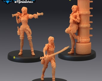 May include: Three unpainted plastic miniature figures of women in various poses. The figures are standing on black circular bases. The figures are wearing clothing and holding weapons. The figures are part of a set of miniatures for tabletop role-playing games.