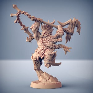 May include: A miniature figurine of a dwarf warrior with a long beard and a chain-axe weapon. The dwarf is wearing armour and is posed in a fighting stance.