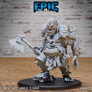 May include: A gray plastic miniature of a large, fierce-looking, humanoid creature with a large axe. The creature is wearing armor and has a chain belt. The miniature is on a black base. BASE SIZE: LARGE (51MM) #4960