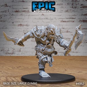 May include: A gray plastic miniature of a fantasy creature with a large axe and a dagger. The creature has a large head with horns and a beard. The miniature is standing on a black base. Base size: Large (51mm). #4962