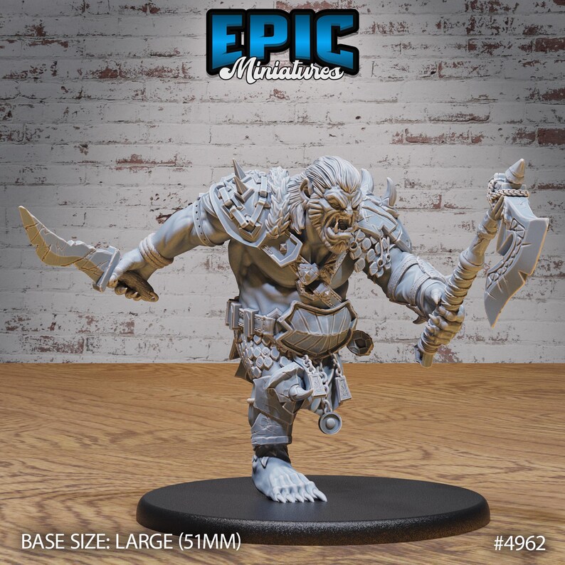May include: A gray plastic miniature of a fantasy creature with a large axe and a dagger. The creature has a large head with horns and a beard. The miniature is standing on a black base. Base size: Large (51mm). #4962