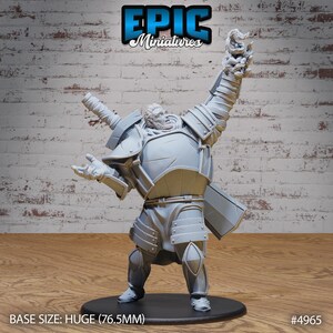 May include: A gray plastic miniature of a heavily armored warrior holding a sword and a flaming torch. The miniature is standing on a round base. BASE SIZE: HUGE (76.5MM) #4965