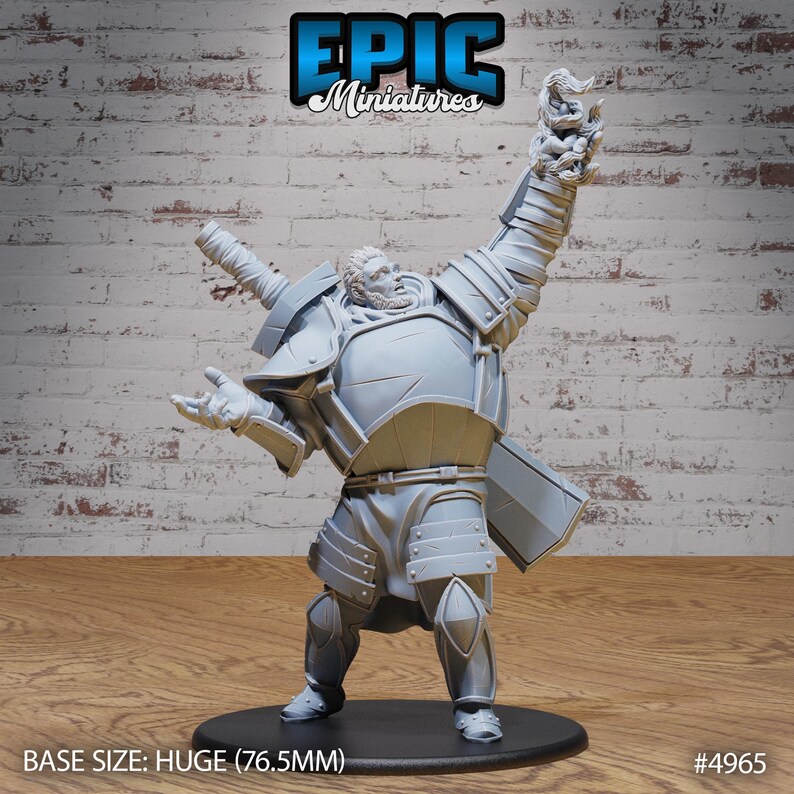 May include: A gray plastic miniature of a heavily armored warrior holding a sword and a flaming torch. The miniature is standing on a round base. BASE SIZE: HUGE (76.5MM) #4965