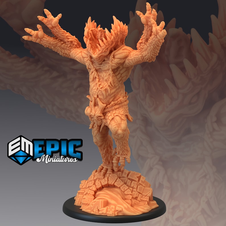 May include: A detailed, beige-colored miniature of a monstrous creature with multiple arms and a gaping maw. The creature is standing on a rocky base, with a textured surface. The miniature is part of a collection of fantasy figures.