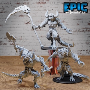 May include: Three gray 3D printed miniatures of demonic creatures. The figures are posed in dynamic stances and feature intricate details, including horns, claws, and tails. The miniatures are designed for tabletop gaming or display.