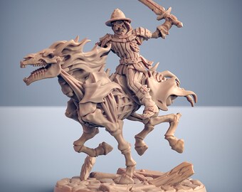 May include: A skeletal horse with flaming mane and a skeletal rider wearing armor and holding a sword. The rider is wearing a helmet with a skull design. The figure is painted in a light brown color.