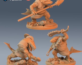 May include: Three 3D printed miniatures of a creature with a reptilian head and a humanoid body. The creature is wearing armor and holding a weapon. The miniatures are pre-supported and are ready to be printed. SIZE: HUGE