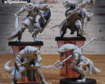 May include: Four unpainted miniature figurines of lizard-like creatures with different weapons and poses. The miniatures are on black bases with red and clear plastic stands. The miniatures are from the company "EPIC Miniatures".