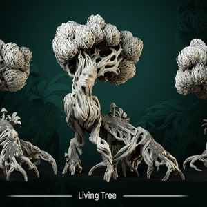 May include: A 3D printed model of a tree with a human-like face and body. The tree has a large canopy of leaves and a thick trunk. The model is painted in a light gray color. The text "Living Tree" is printed below the model.