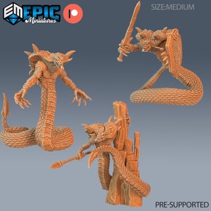 May include: Three detailed, unpainted miniature figures of a serpentine monster with humanoid features. One figure stands upright, another wields a sword and shield, and the third is posed with a spear. The figures are labeled "PRE-SUPPORTED".