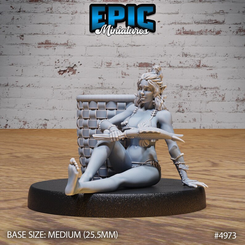 May include: A gray resin miniature of a female figure sitting on a woven basket. She is holding a fish in her right hand and a knife in her left hand. The miniature is on a black round base. BASE SIZE: MEDIUM (25.5MM) #4973