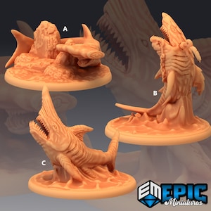 May include: Three detailed miniature shark figures, painted in a light brown color, on a textured base. The figures are labeled A, B, and C.