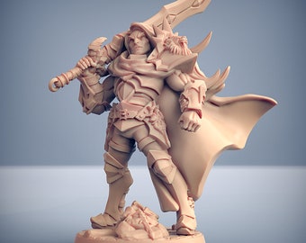 May include: A miniature figurine of a warrior with a sword and a cloak. The figure is made of a light brown plastic and is painted in a realistic style.