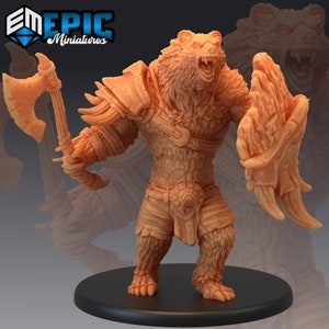 May include: A brown and tan miniature figurine of a bear-like creature wearing armor and holding an axe and a shield. The figurine is standing on a black base.