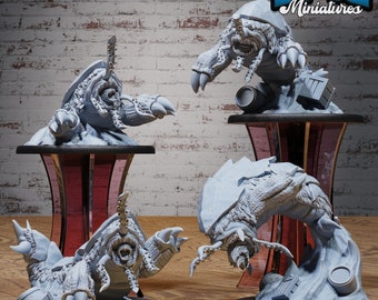 May include: Four gray, detailed, 3D printed miniatures of a creature with multiple legs and a segmented body. The miniatures are posed on circular bases and are ready to be painted.