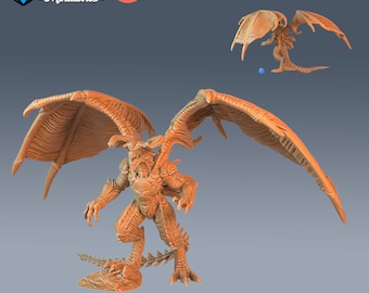 May include: A detailed orange miniature dragon figure with large wings, a horned head, and a spiked tail. The figure is posed on a rocky base. The image also includes a smaller version of the dragon and the text "SIZE: GARGANTUAN".