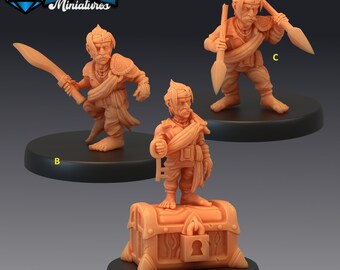 May include: Three unpainted miniature figurines of fantasy characters. The characters are standing on black bases. The character on the left is holding a sword. The character in the middle is holding a key. The character on the right is holding a spear. The character in the middle is standing on a treasure chest.