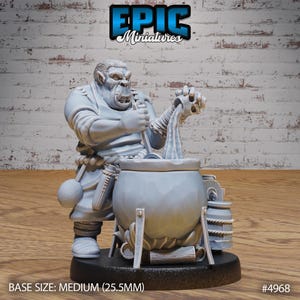 May include: A grey, unpainted miniature of an Orc stirring a cauldron with a large spoon. The Orc is wearing a brown tunic and trousers, and has a large, toothy grin. The cauldron is sitting on a small fire, and there is a skull floating in the liquid inside. The miniature is on a black base with the text "BASE SIZE: MEDIUM (25.5MM)" and "#4968" printed on it.