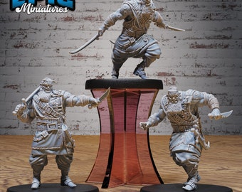 May include: Three unpainted miniature figures of warriors with beards and swords. The figures are standing on black bases. The figures are from the Epic Miniatures brand.