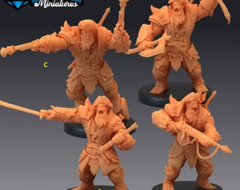 May include: Four unpainted plastic miniatures of orcs wearing pirate hats and armor. The orcs are holding various weapons, including a sword, axe, and a gun. The miniatures are labeled A, B, C, and D.