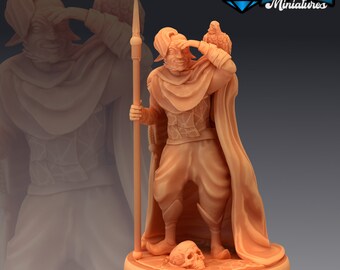 May include: A miniature figurine of a fantasy character with a horned helmet, holding a spear and a bird perched on their shoulder. The figurine is painted in a light brown color and stands on a circular base with a skull.